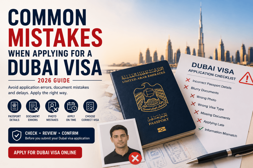 Common mistakes when applying for a Dubai visa including passport errors, document issues, photo mistakes and wrong visa selection