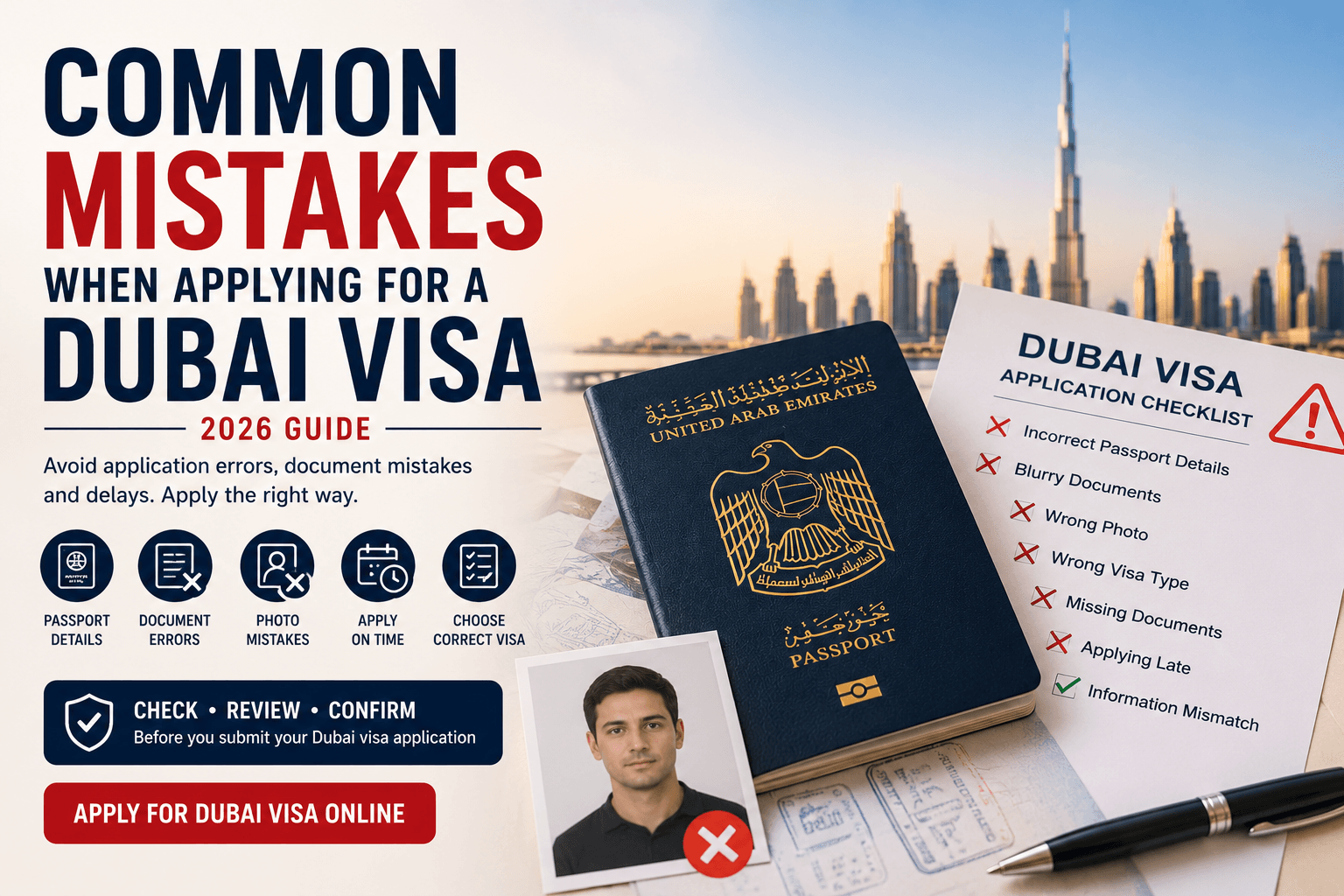 Common mistakes when applying for a Dubai visa including passport errors, document issues, photo mistakes and wrong visa selection