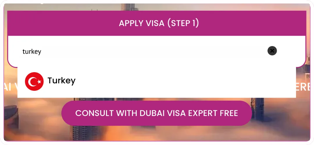 DubaiVisa.com nationality selection screen for an online Dubai visa application