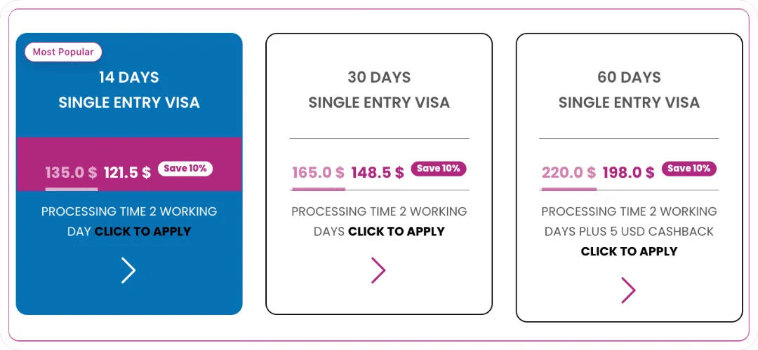 Dubai visa duration and price options shown during online application