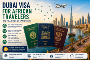 Dubai Visa for African Travelers with African passports, Africa map and Dubai skyline