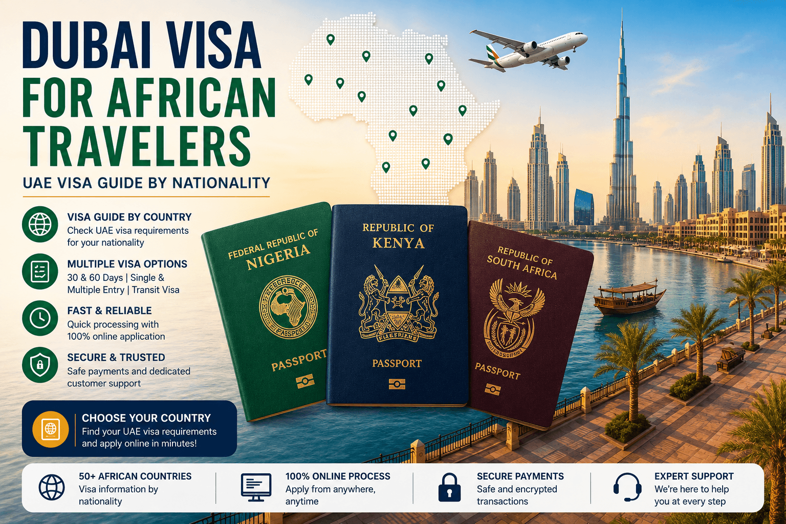 Dubai Visa for African Travelers with African passports, Africa map and Dubai skyline