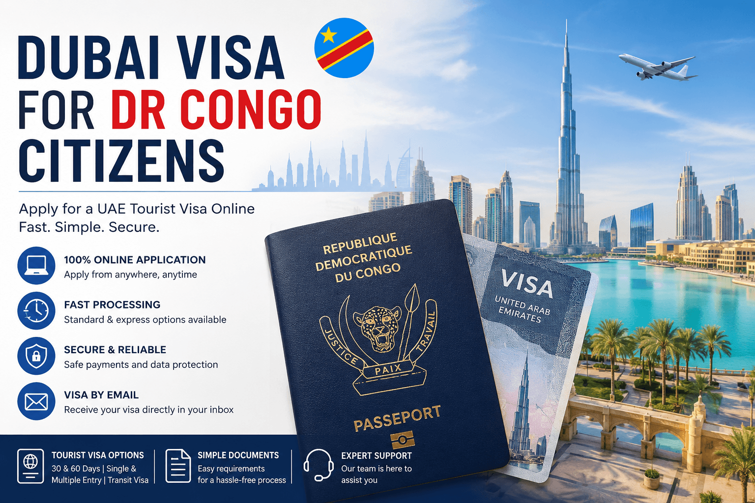 Dubai Visa for DR Congo Citizens with DR Congo passport and Dubai skyline