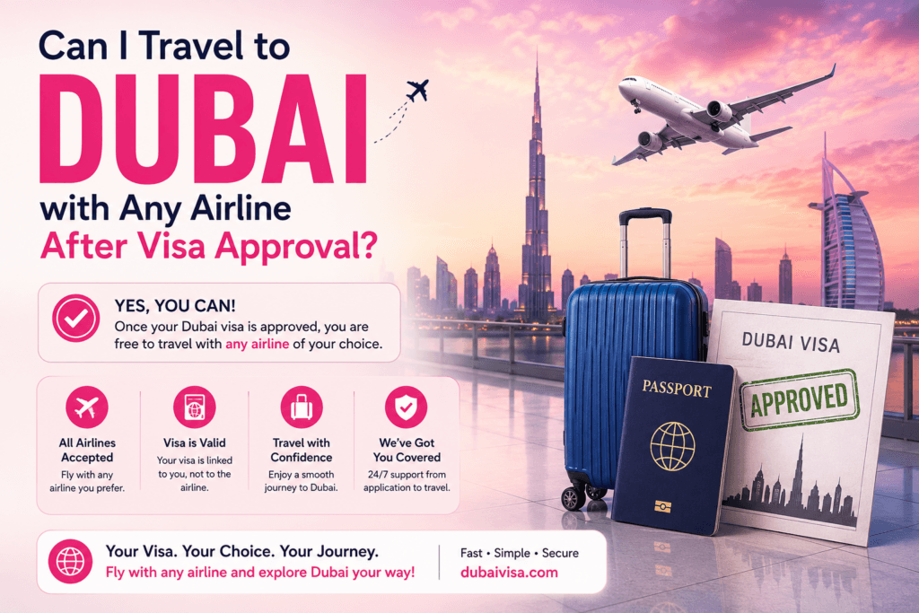 Dubai visa approval travel guide showing an airplane, Dubai skyline, passport, luggage, and approved visa, explaining that travelers can fly with any airline after visa approval.