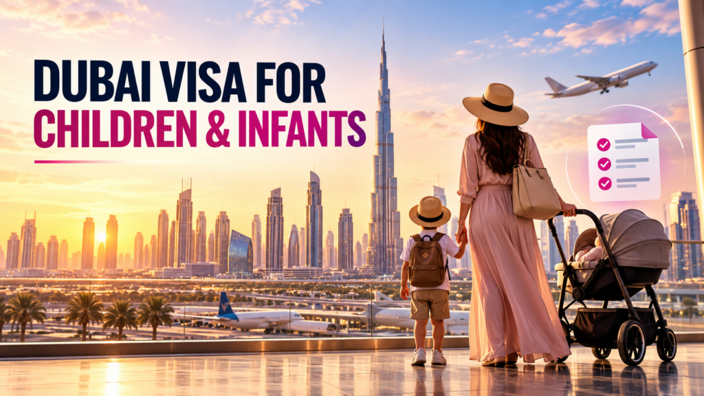 Dubai visa for children and infants with a family overlooking the Dubai skyline