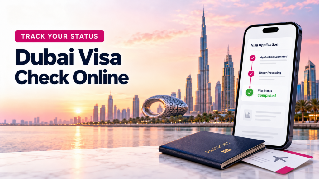 Dubai visa check online with smartphone tracking screen, passport and Dubai skyline