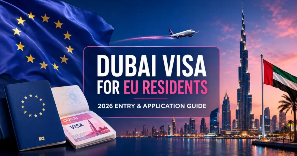 Dubai Visa for EU Residents 2026 – EU flag, UAE flag and Dubai skyline