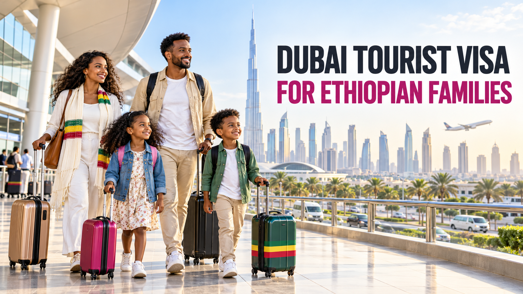 Ethiopian family arriving in Dubai for a family tourist visa with the Burj Khalifa skyline