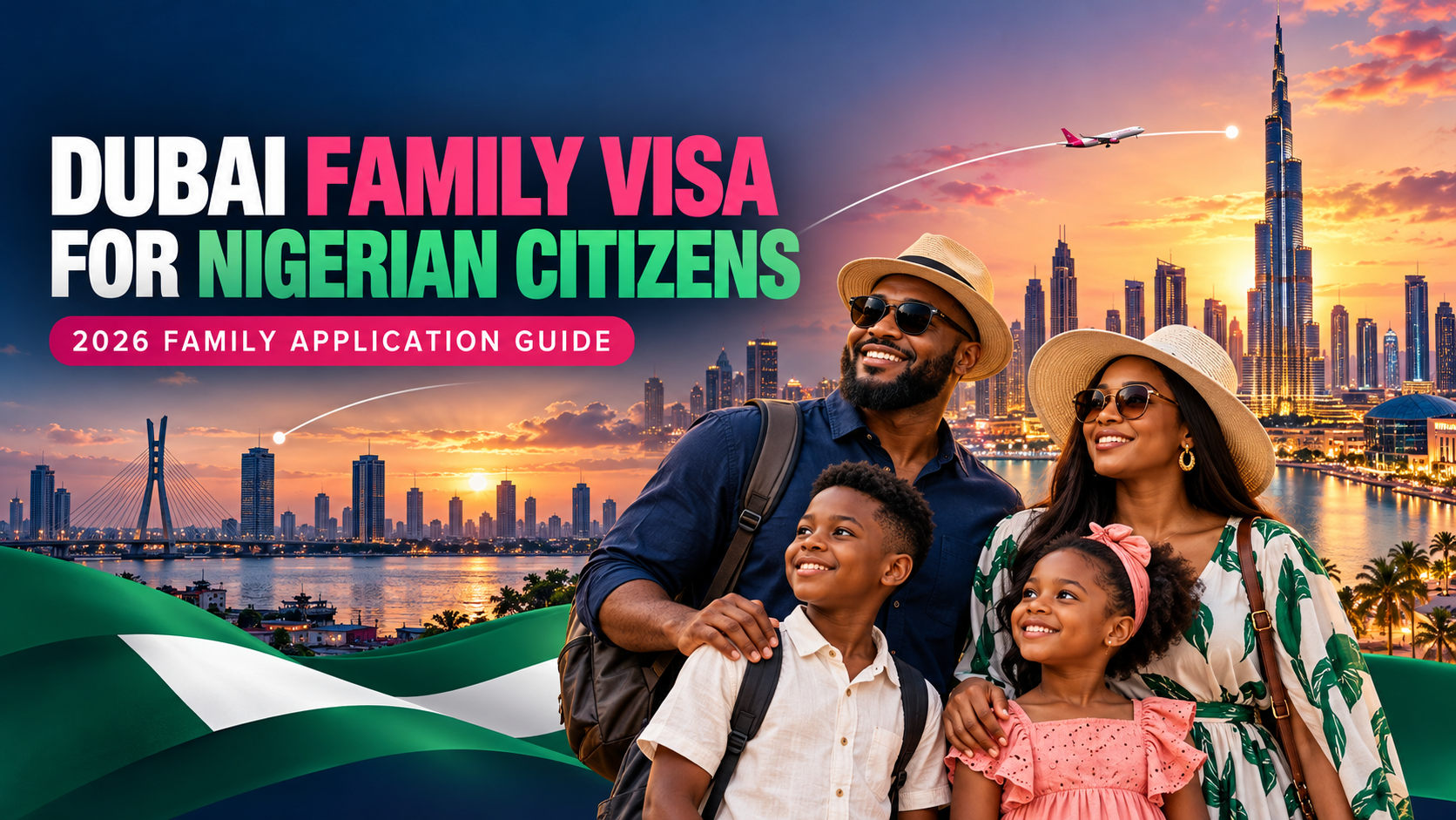Nigerian family with Lagos and Dubai skylines for a Dubai family visa application guide