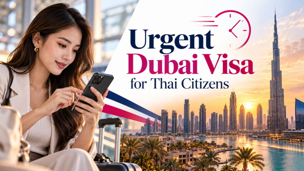 Thai traveller applying on her phone, with a clock graphic and Dubai skyline.