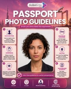 Passport photo guidelines poster with a centered portrait and steps for pose, expression, eyes, lighting, and background.