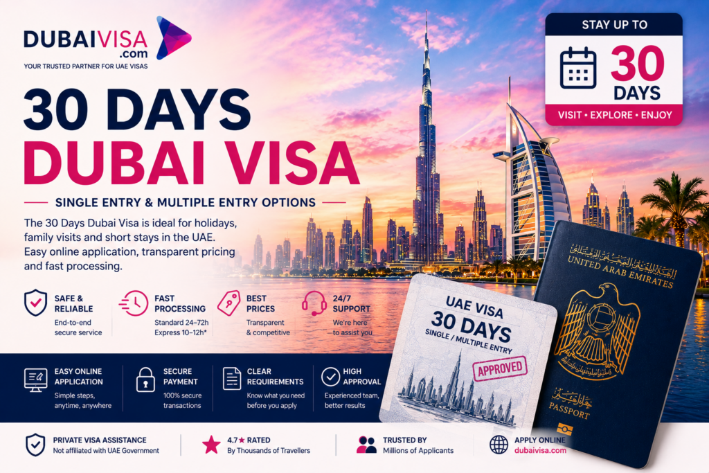 30 Days Dubai Visa 2026 with single-entry and multiple-entry options, processing time and online application