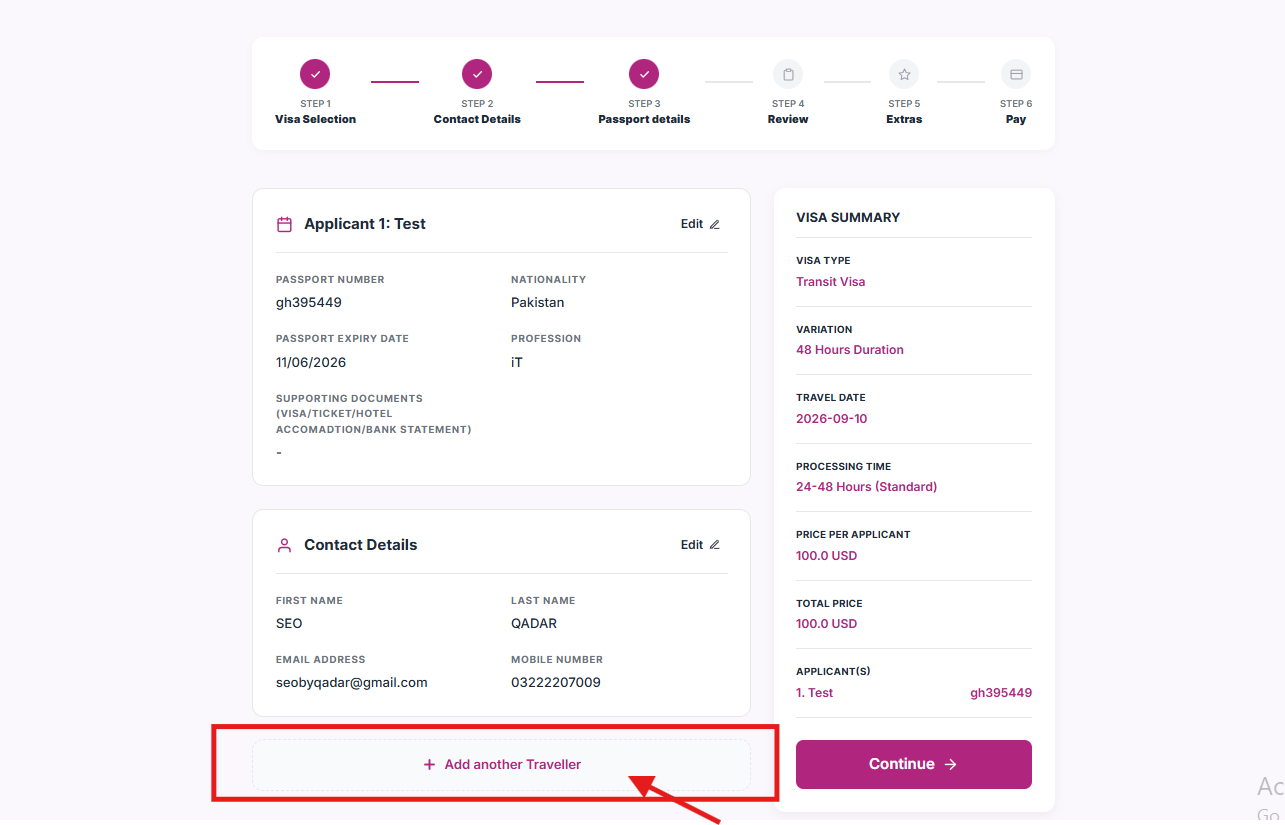 Dubai visa application Review step showing the Add another Traveller option for group applications