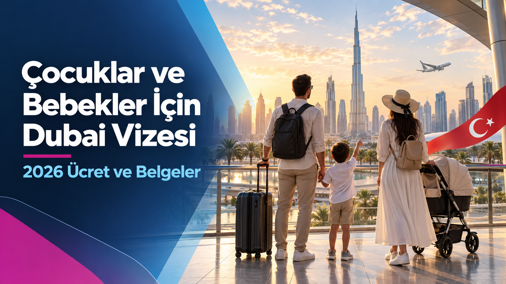 Çocuklar ve bebekler için Dubai vizesini temsil eden Türk aile ve Dubai manzarası