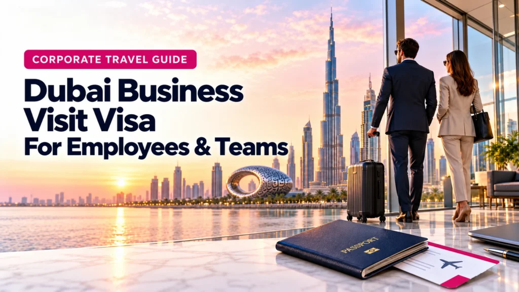 Business travellers with luggage overlooking the Dubai skyline, with Dubai Business Visit Visa text.