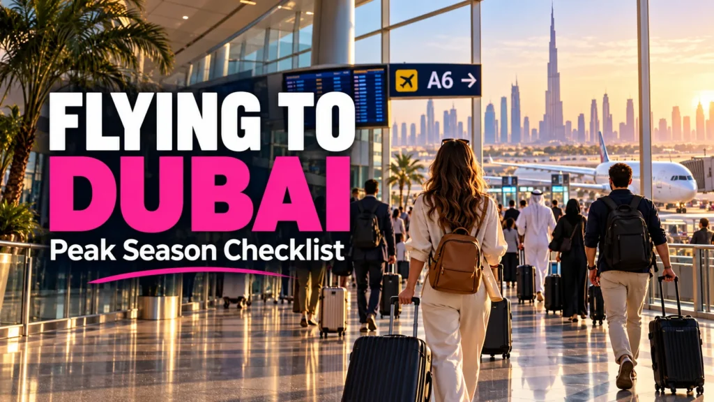 Travellers at Dubai airport during peak season with a pre-departure checklist headline.