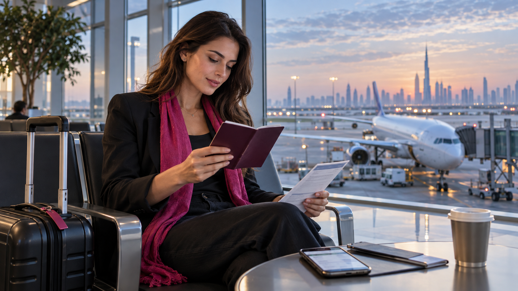 Traveller checking passport and visa documents before flying to Dubai