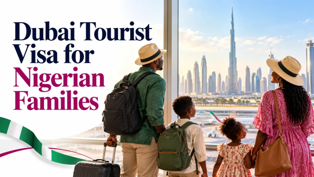 Nigerian family with two children looking toward Dubai while preparing for a tourist trip