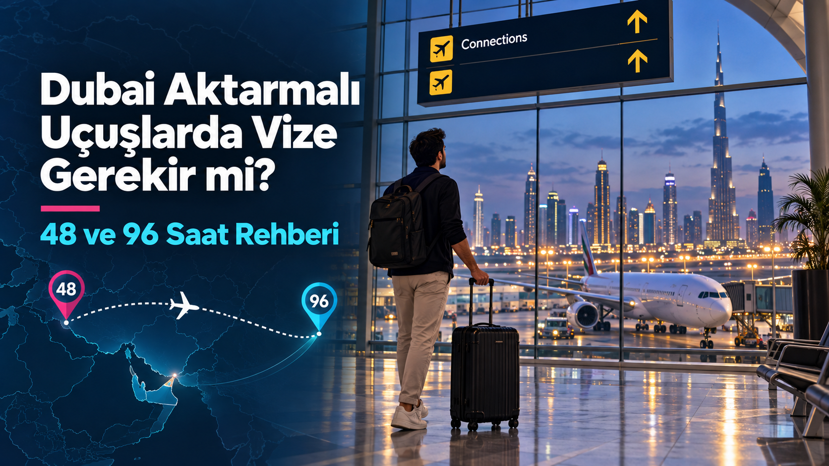 Dubai aktarmalı uçuşlarda 48 ve 96 saatlik transit vize seçeneklerini temsil eden yolcu ve Dubai havalimanı