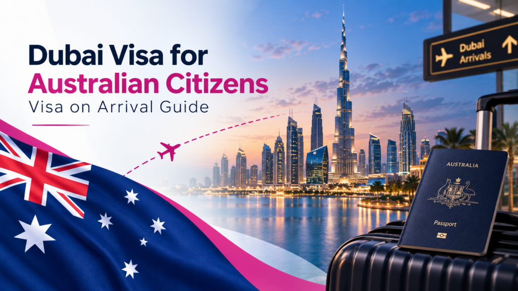 Dubai skyline and Australian passport representing visa on arrival for Australian citizens