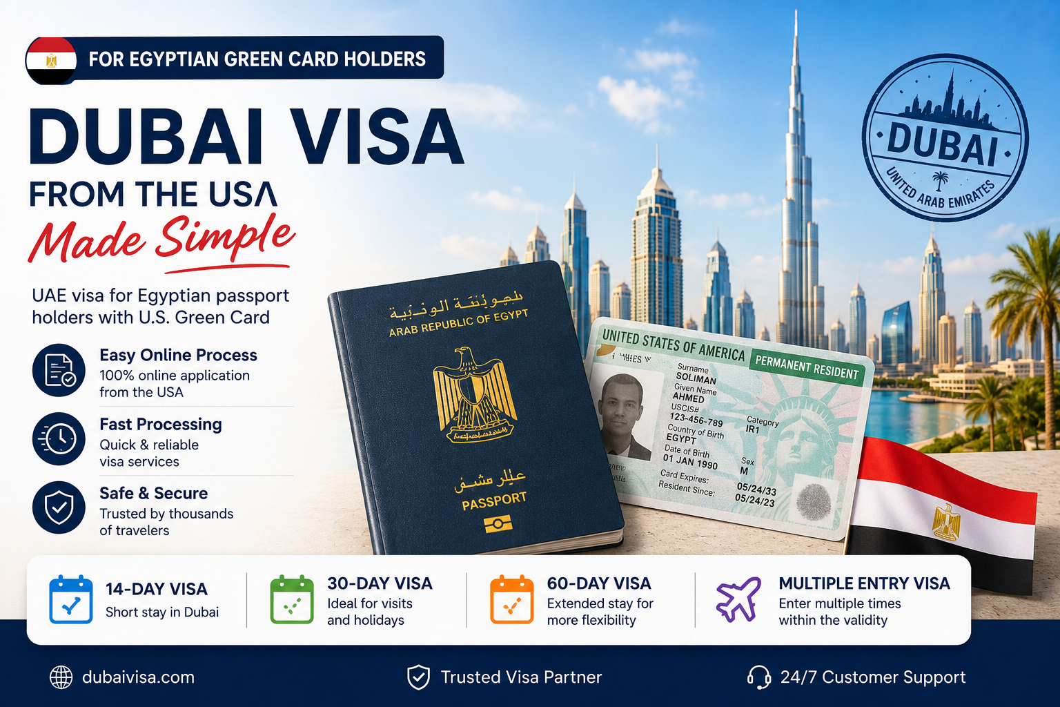 Dubai visa for Egyptian Green Card holders with Egyptian passport, U.S. Green Card and Dubai skyline