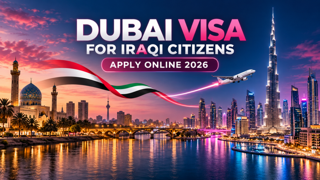 Dubai Visa for Iraqi Citizens 2026 | Apply Online 1 Dubai visa for Iraqi citizens with Iraqi flag colours and Dubai skyline