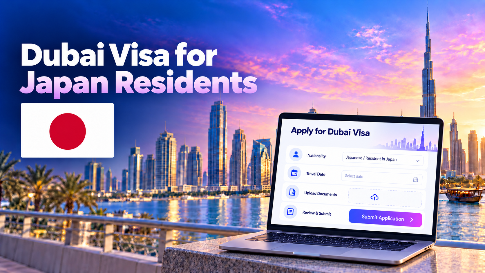 Dubai visa application for Japan residents with the Japanese flag, online application screen and Dubai skyline