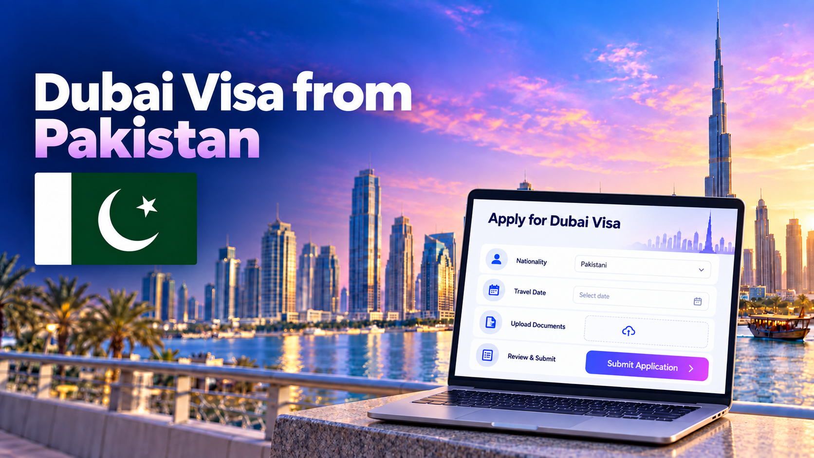 Online Dubai visa application for Pakistani travellers with the Pakistan flag and Dubai skyline