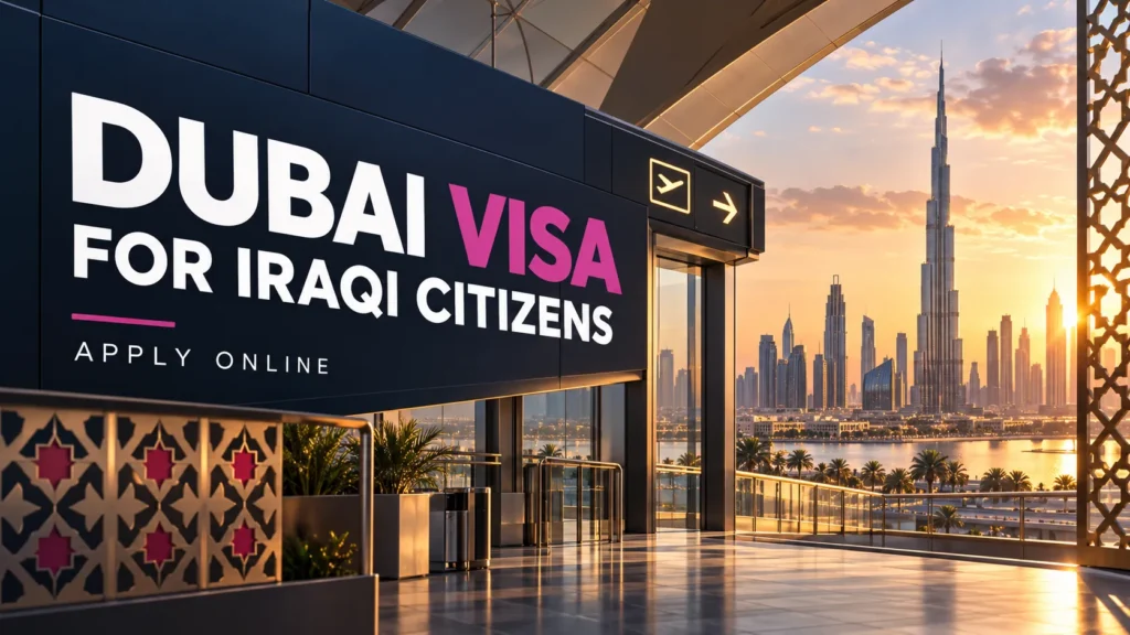 Dubai visa for Iraqi citizens featured image showing an airport departure gate and Dubai skyline.