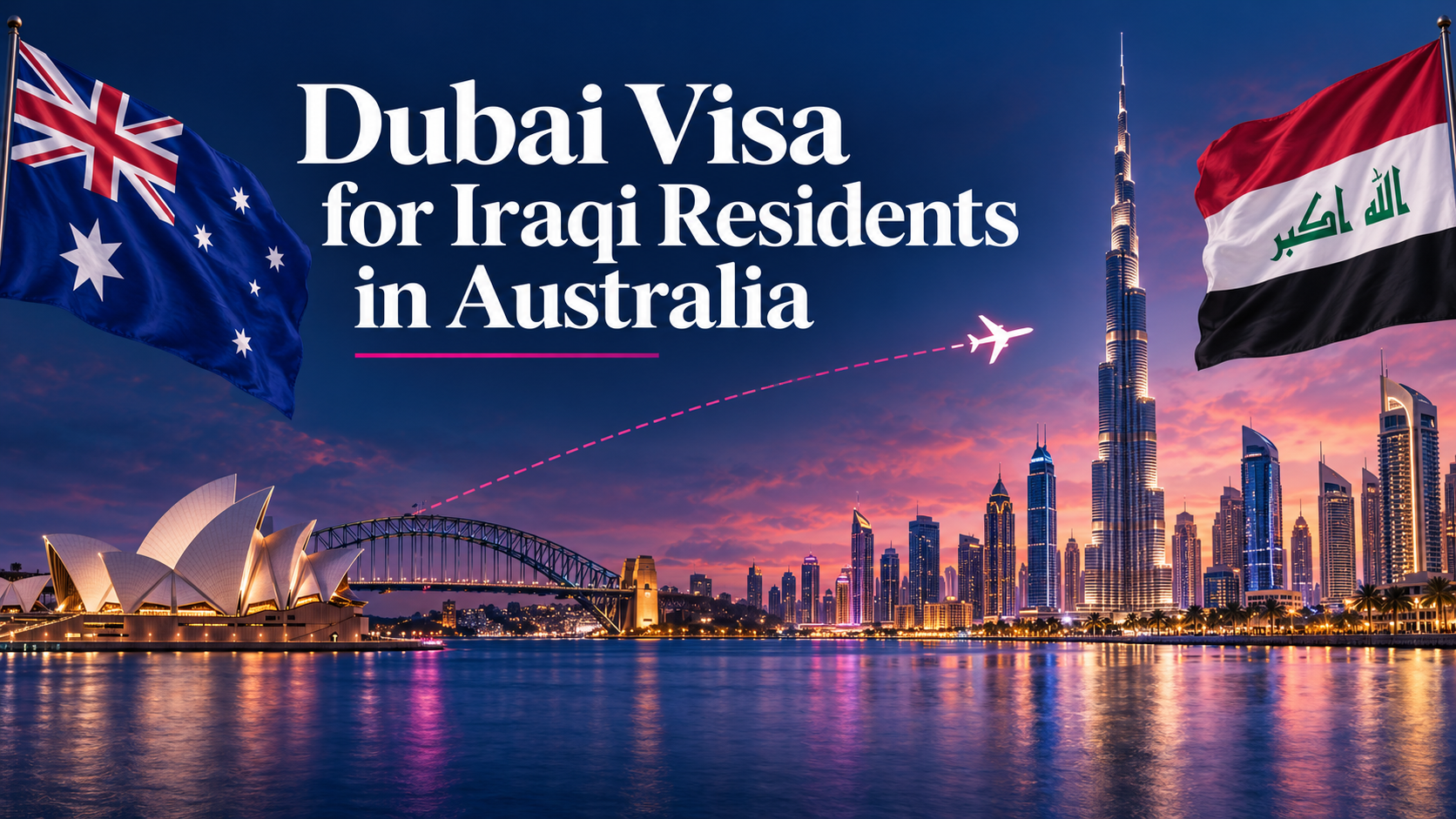 Iraqi and Australian flags with Sydney Opera House and Dubai skyline