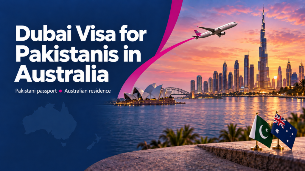 Pakistani passport with Australian and Pakistani flags, Sydney Opera House and Dubai skyline.