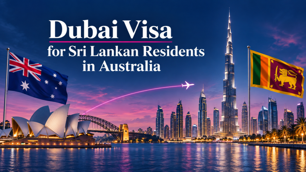 Sri Lankan and Australian flags with Sydney Opera House and Dubai skyline.