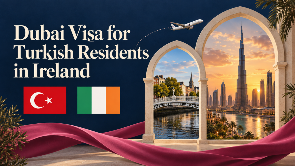 Turkish and Irish flags beside Dublin and Dubai skylines framed by cream arches.