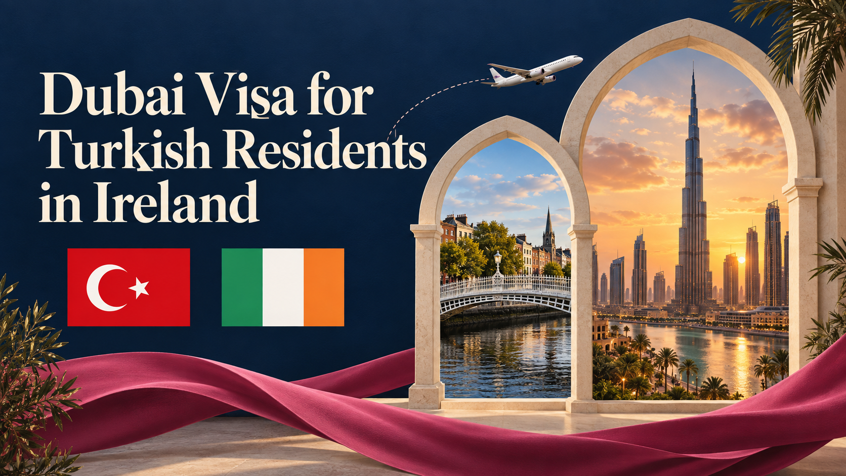 Turkish and Irish flags beside Dublin and Dubai skylines framed by cream arches.