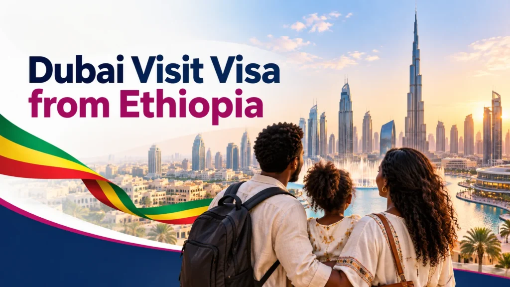 Ethiopian family looking toward the Dubai skyline for a tourist visit