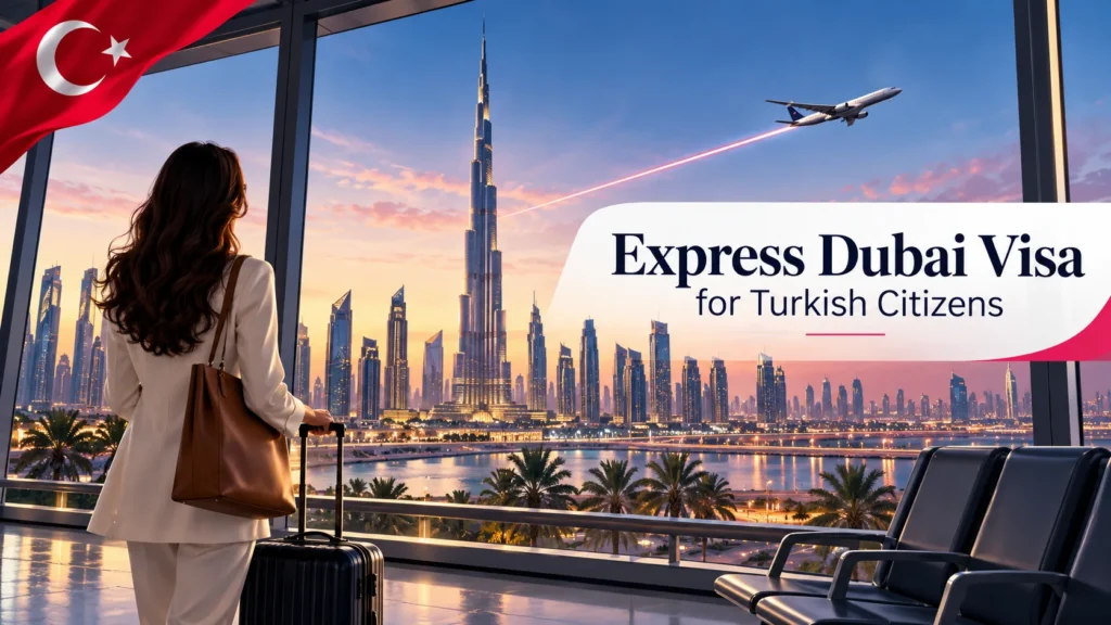 Turkish traveller at an airport overlooking Dubai, for an express Dubai visa guide.