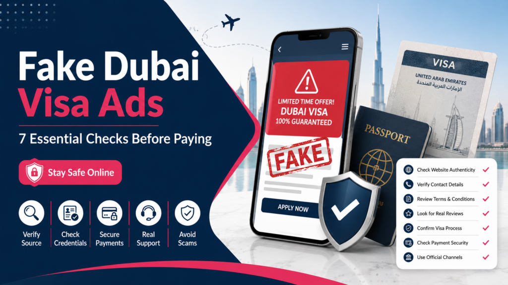 Fake Dubai visa ads guide showing 7 essential checks before paying for a UAE visa service