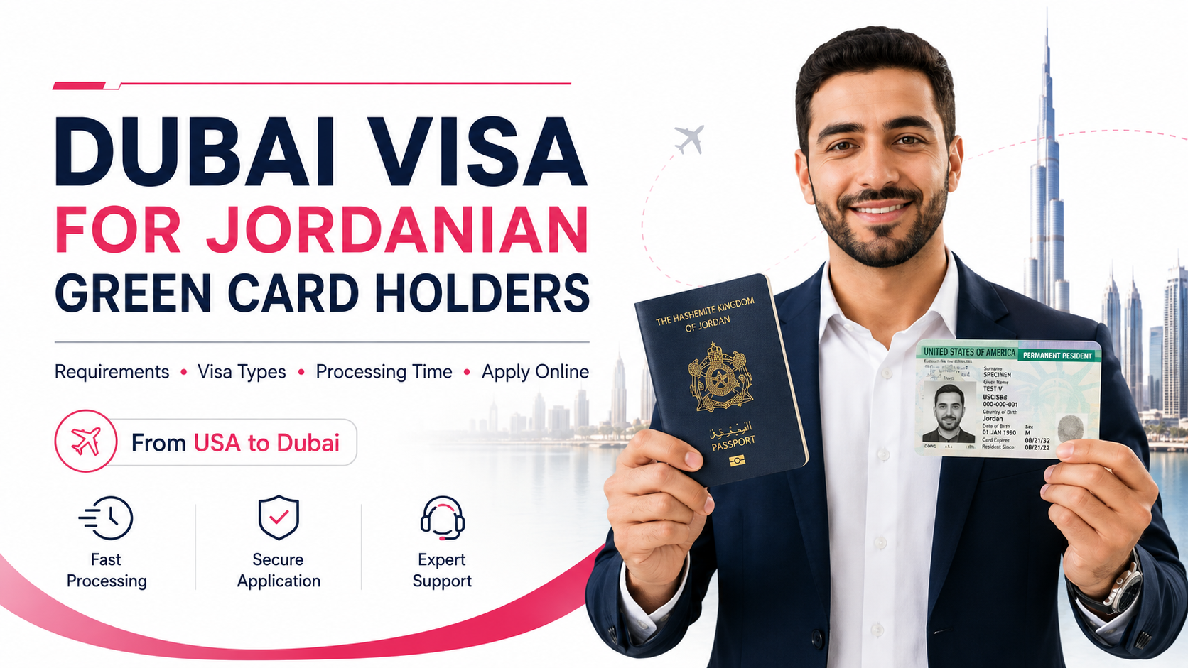 Jordanian Green Card holder applying for a Dubai visa with Jordanian passport, U.S. permanent resident card and Dubai skyline