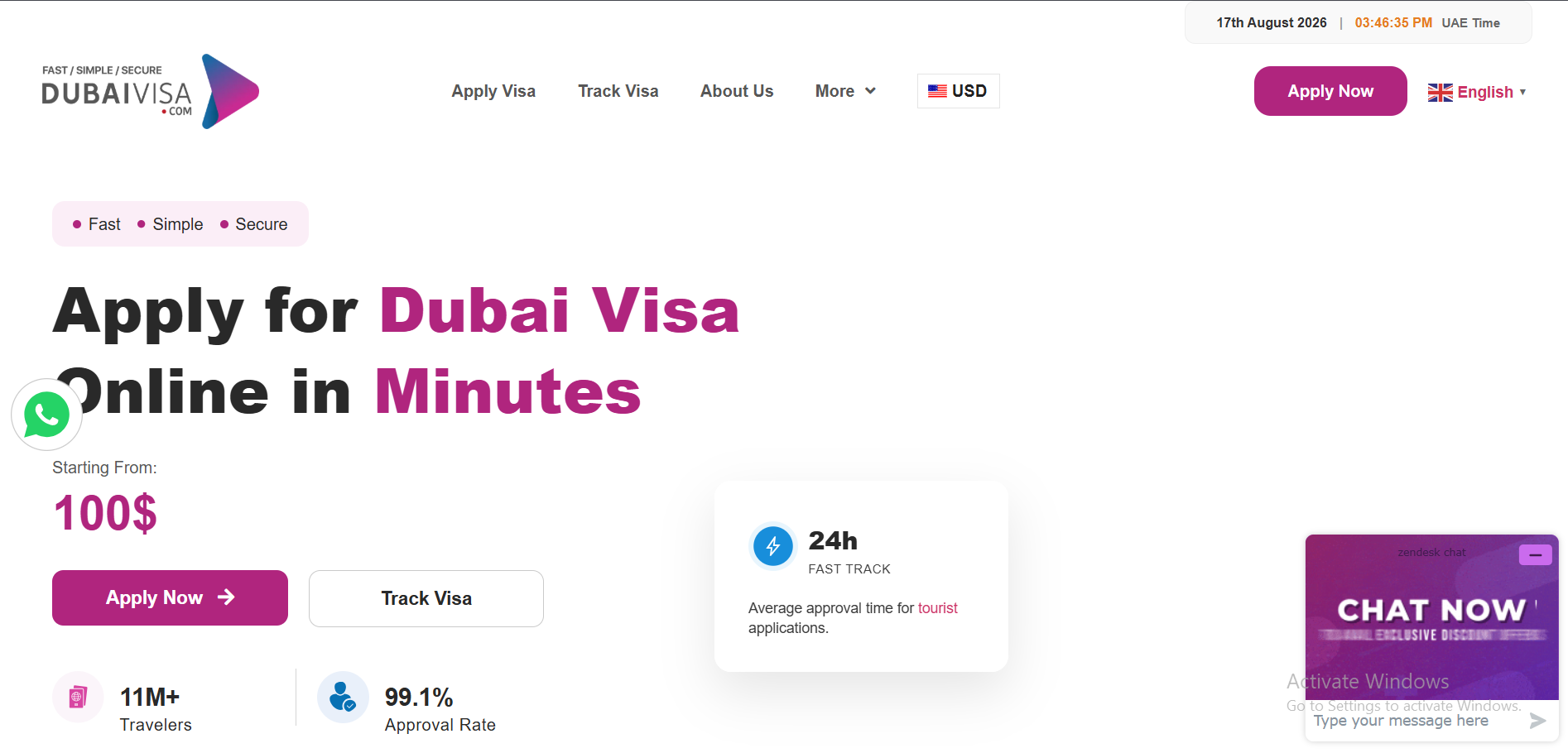 DubaiVisa.com homepage with Apply Visa menu option for starting a Dubai visa online application