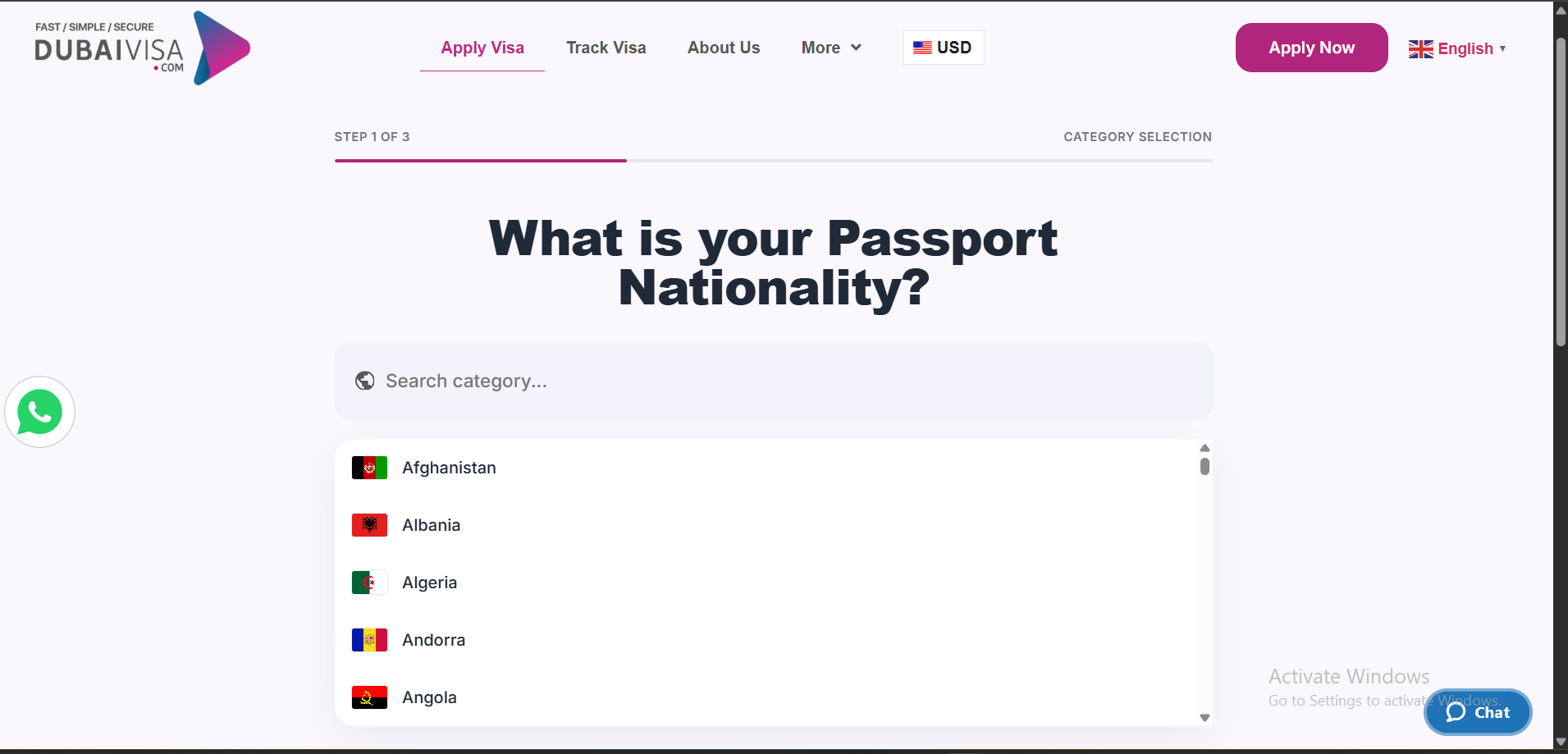 Dubai visa online application showing passport nationality search and country selection field