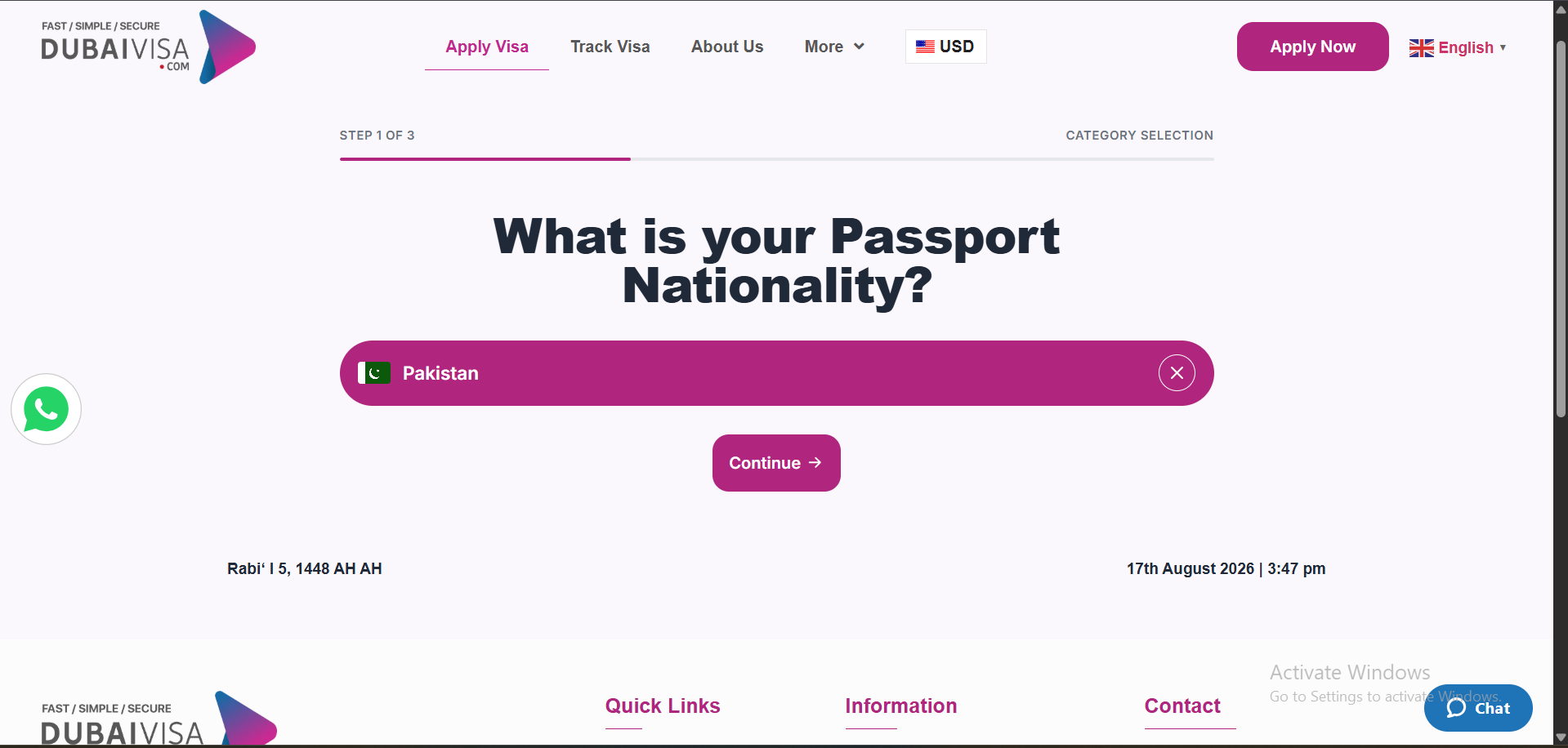 Dubai visa application showing selected passport nationality and Continue button