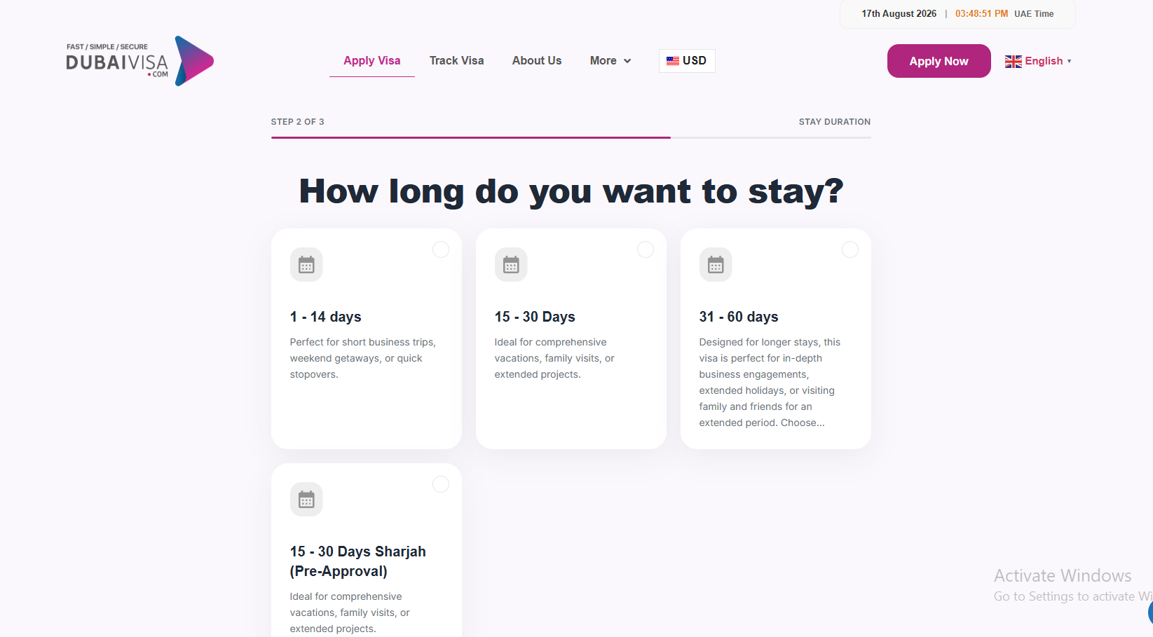Dubai visa application showing stay duration choices for 1 to 14 days, 15 to 30 days and 31 to 60 days
