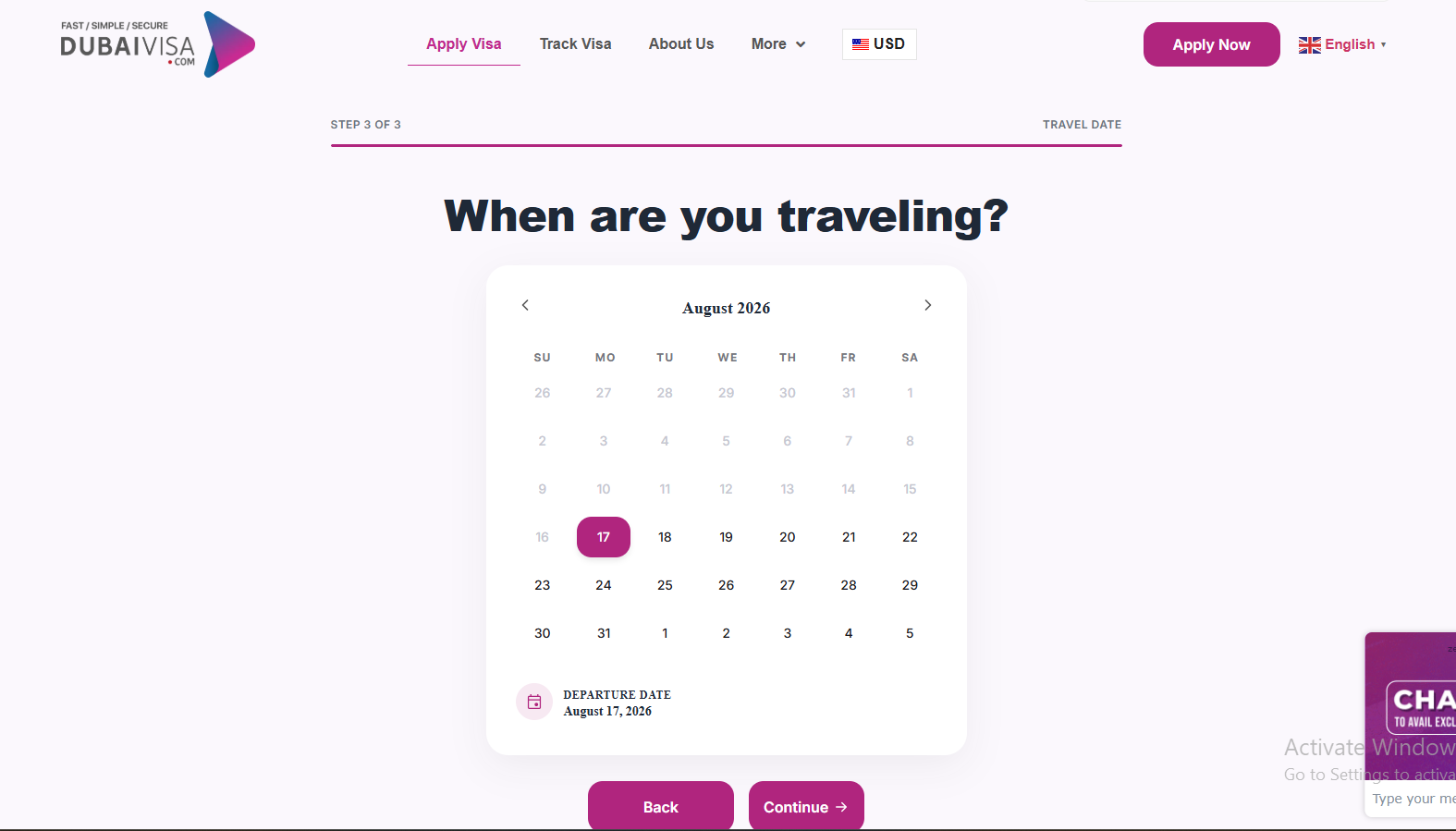 Dubai visa online application calendar showing travel date selection and Continue button