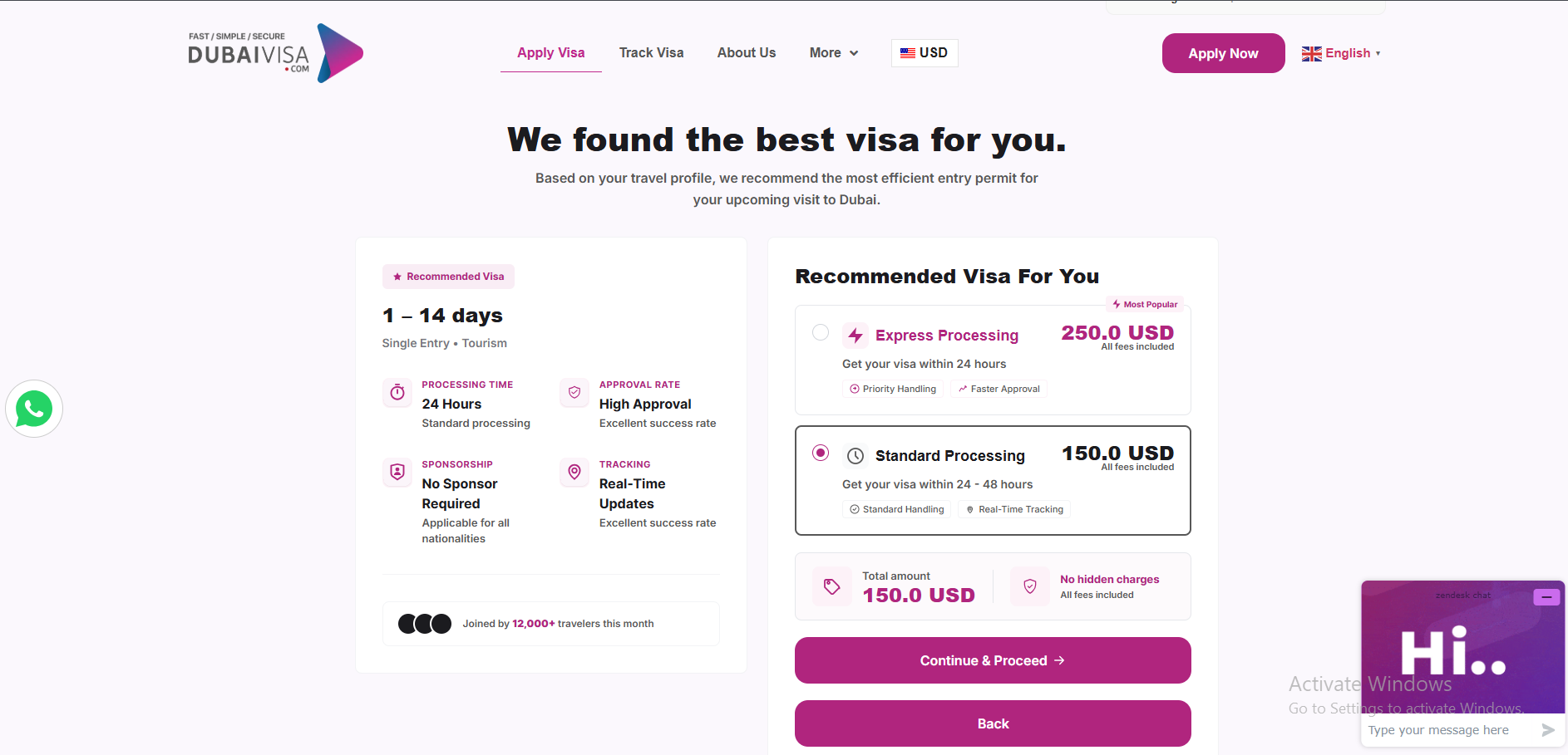 Dubai visa application showing recommended visa with standard and express processing choices