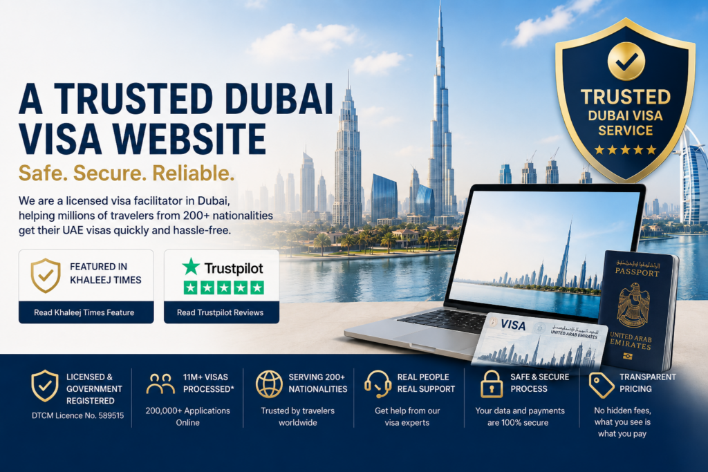 Trusted Dubai visa website with UAE visa documents, Dubai skyline and secure visa assistance