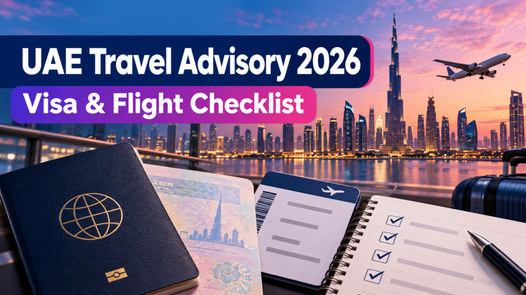 UAE Travel Advisory 2026: Important Update for Dubai Visitors 4 UAE travel advisory 2026 featuring a passport, boarding pass, Dubai skyline and visa checklist.