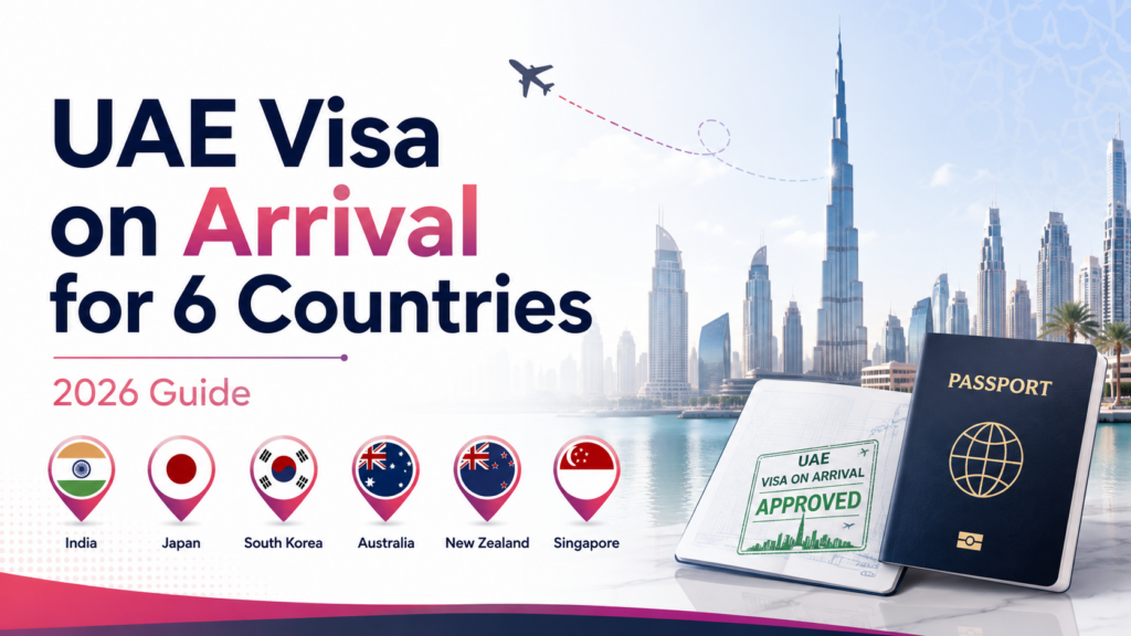 UAE visa on arrival for 6 countries in 2026 with passport, Dubai skyline and eligible country flags