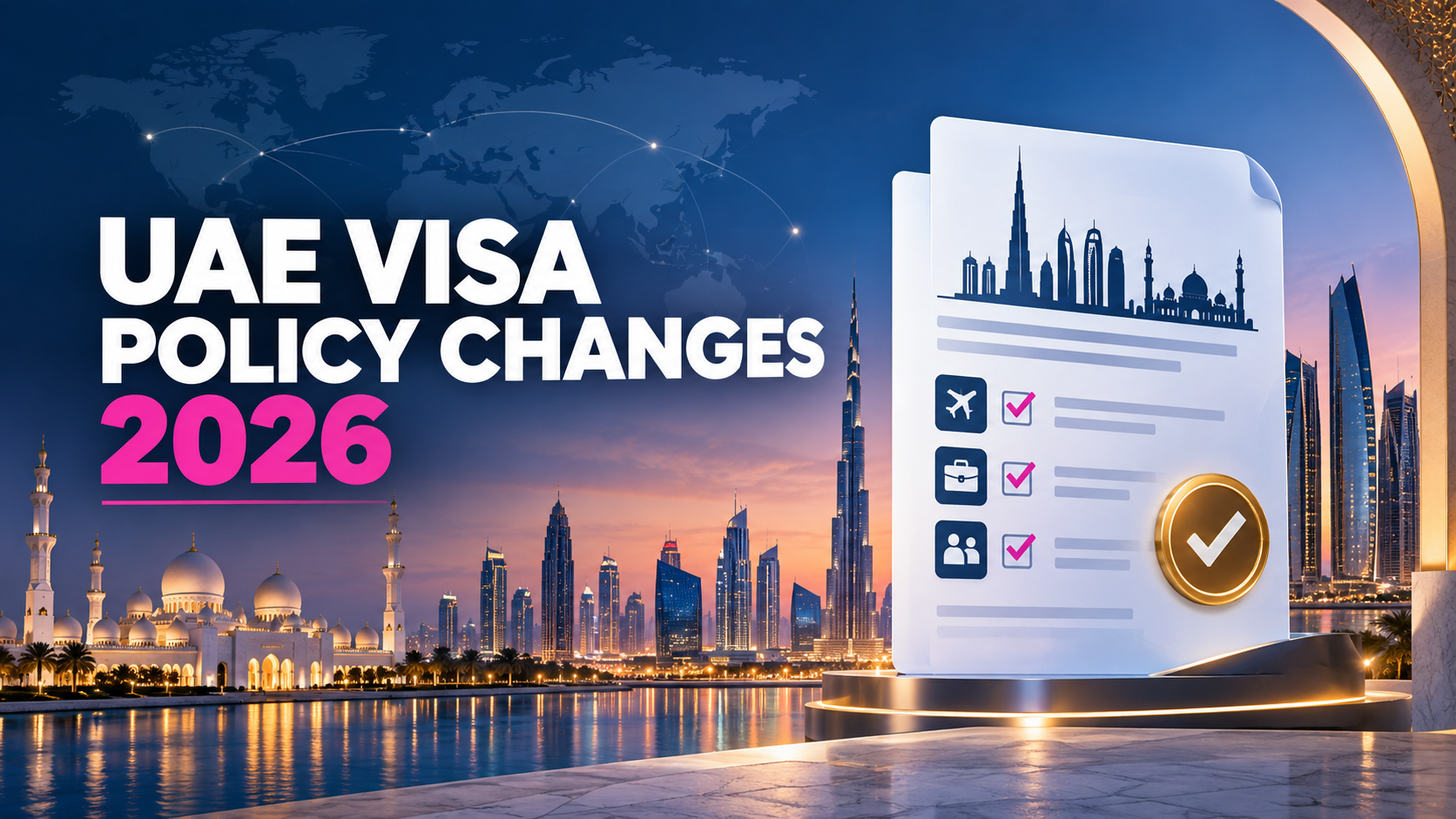 UAE visa policy changes 2026 with Dubai and Abu Dhabi skyline and travel policy checklist