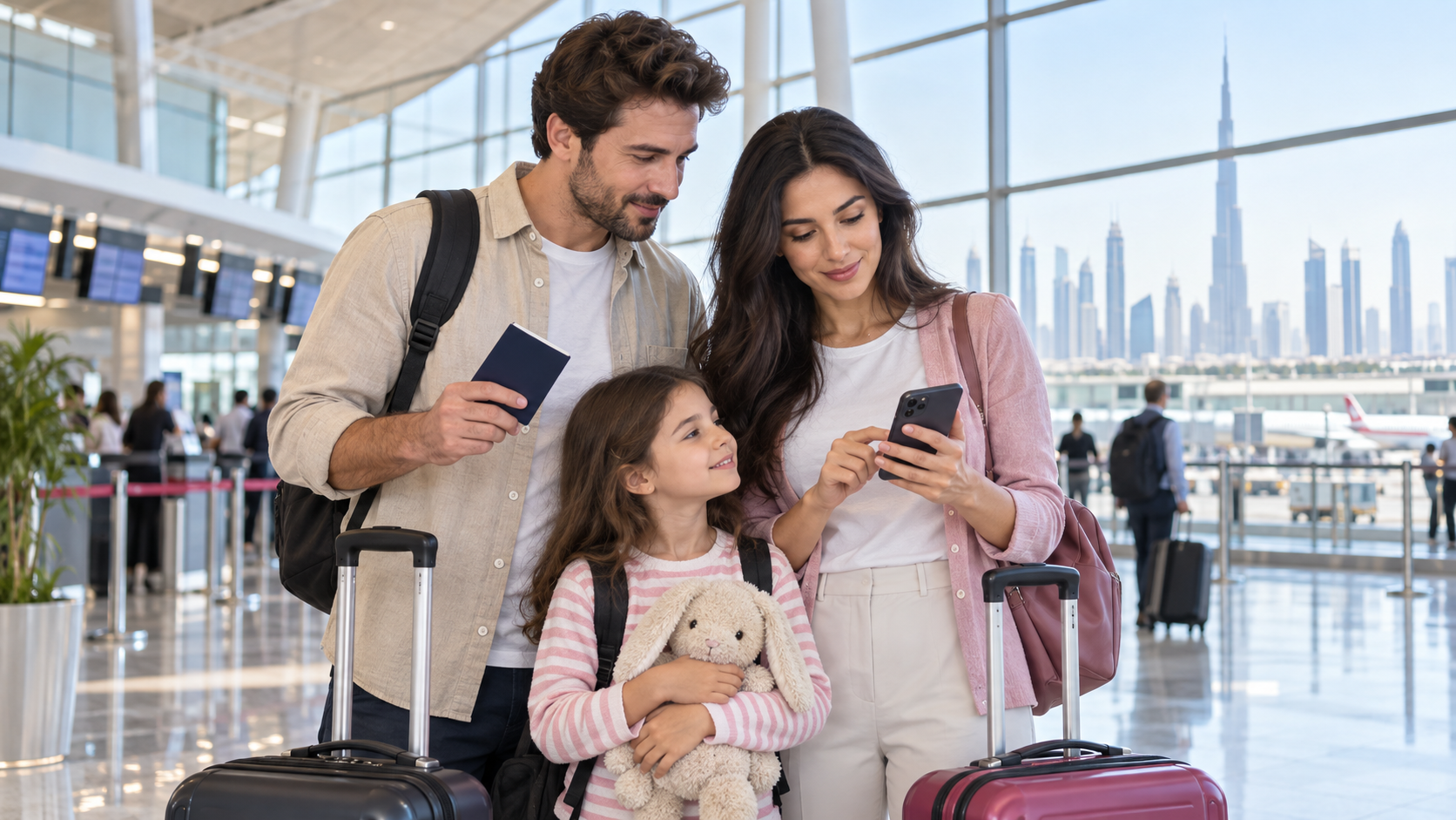 Family checking UAE visa and flight documents before travelling to Dubai